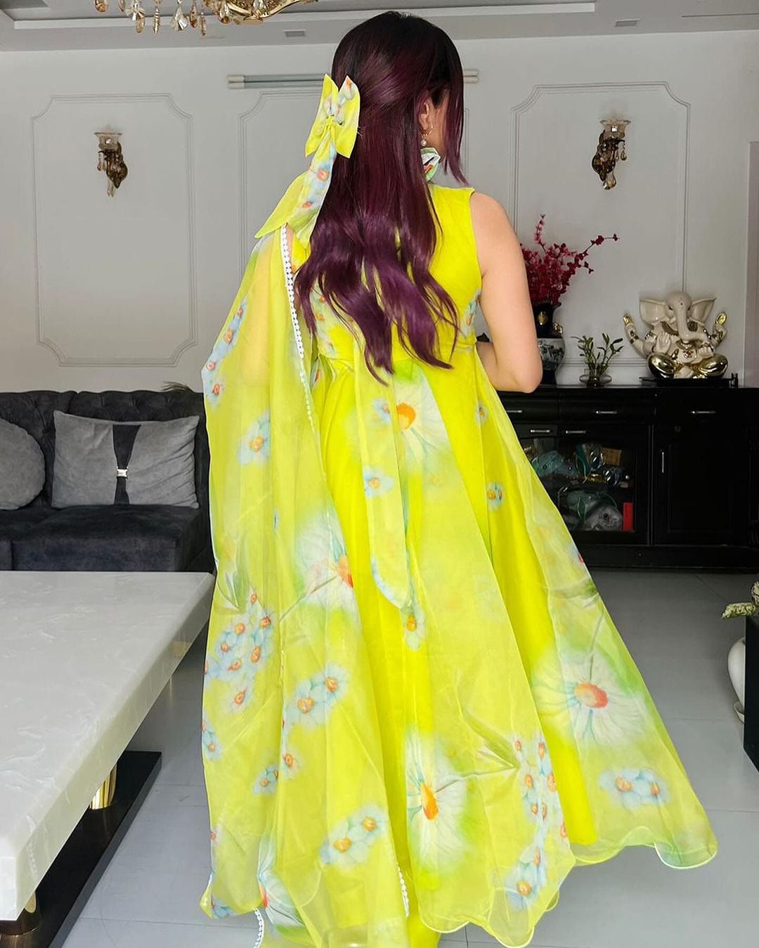 Neon Color Printed Soft Organza Anarkali Three Piece Suit