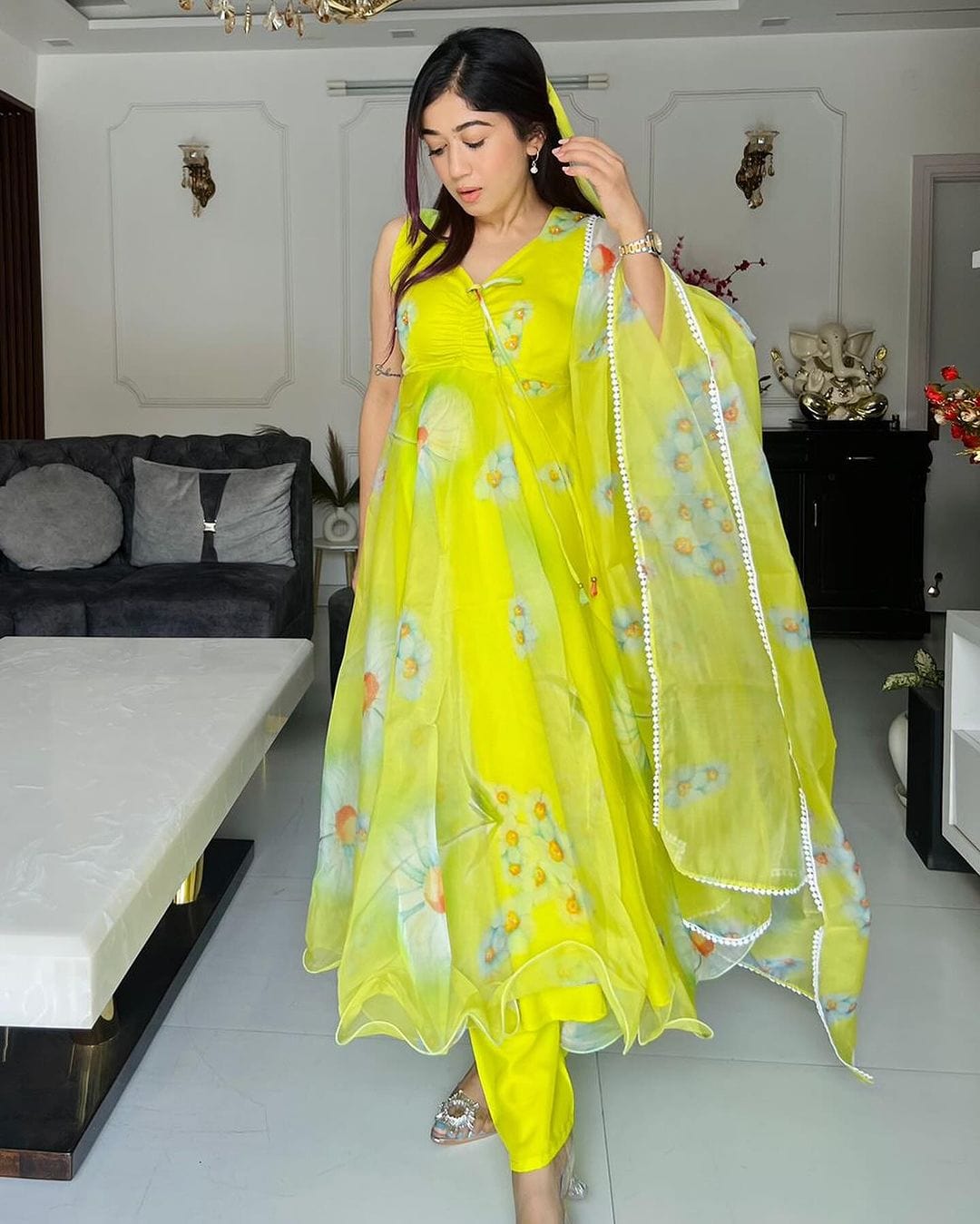 Neon Color Printed Soft Organza Anarkali Three Piece Suit