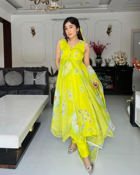 Neon Color Printed Soft Organza Anarkali Three Piece Suit