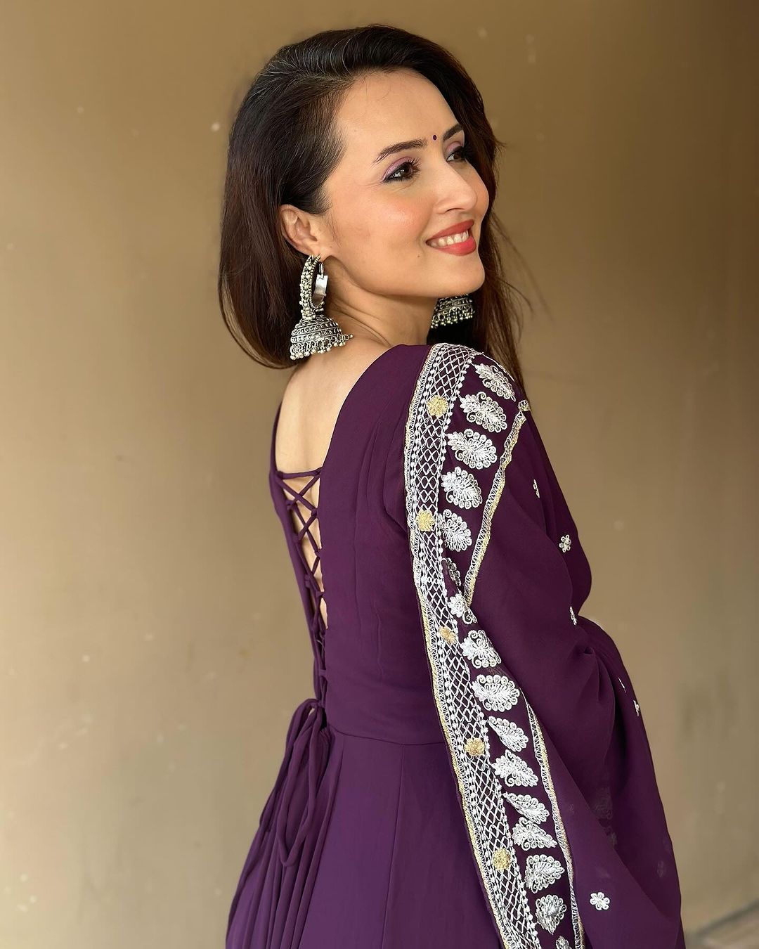Varsha Rekhate in Wine Purple Colour Anarkali Three Piece Suit