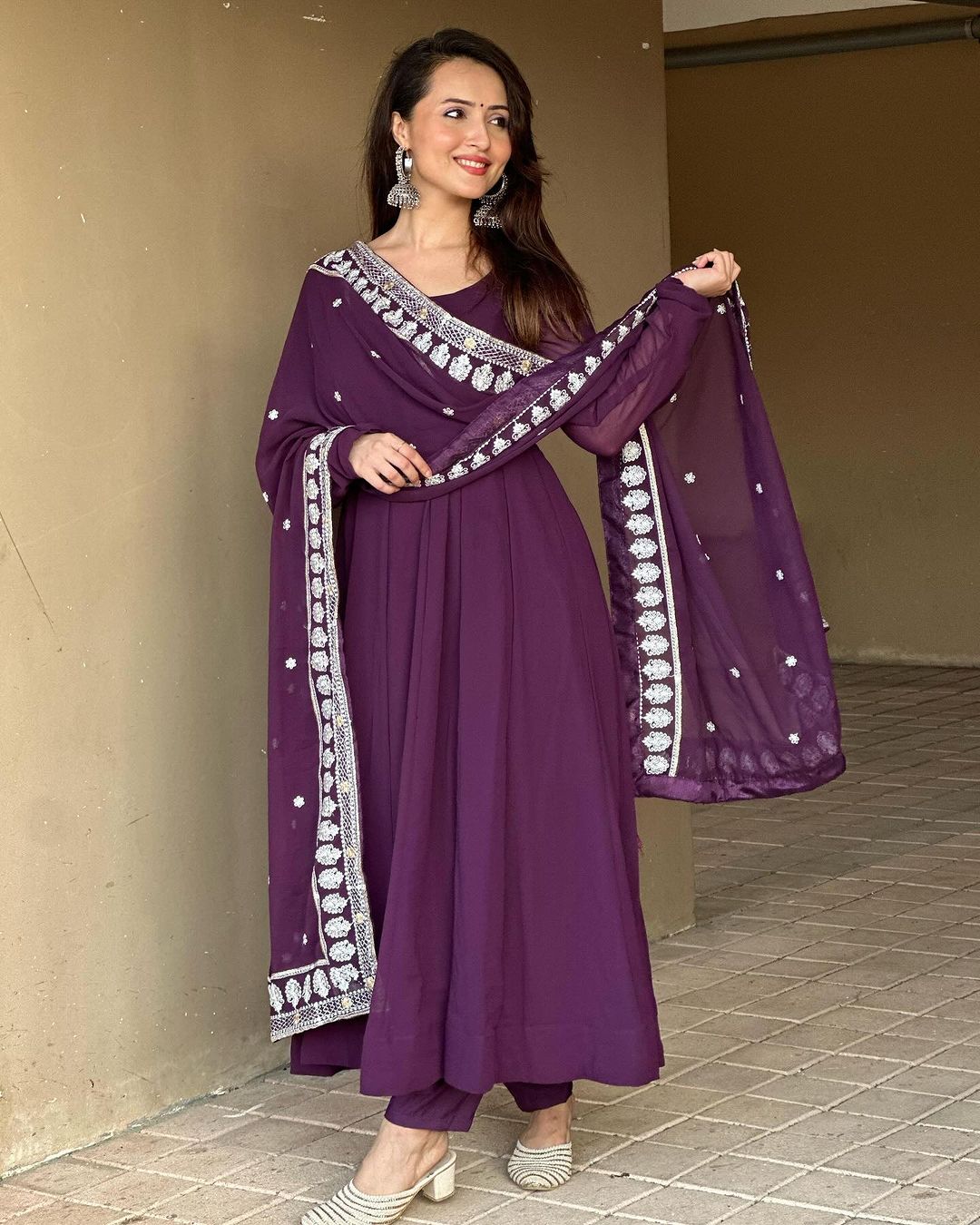 Varsha Rekhate in Wine Purple Colour Anarkali Three Piece Suit