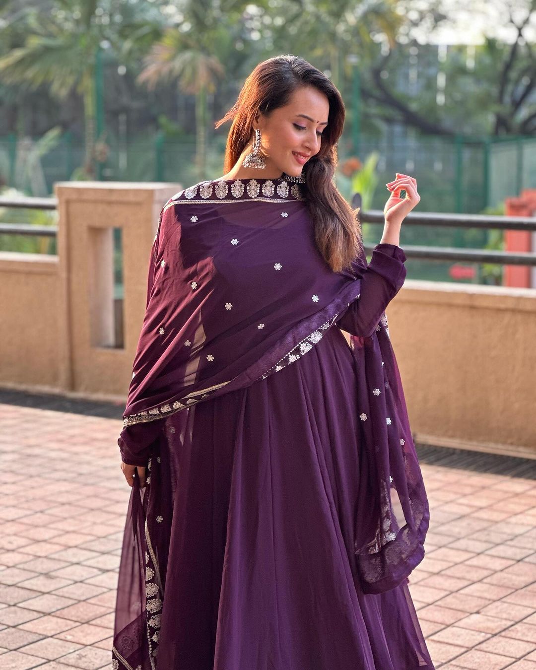 Varsha Rekhate in Wine Purple Colour Anarkali Three Piece Suit