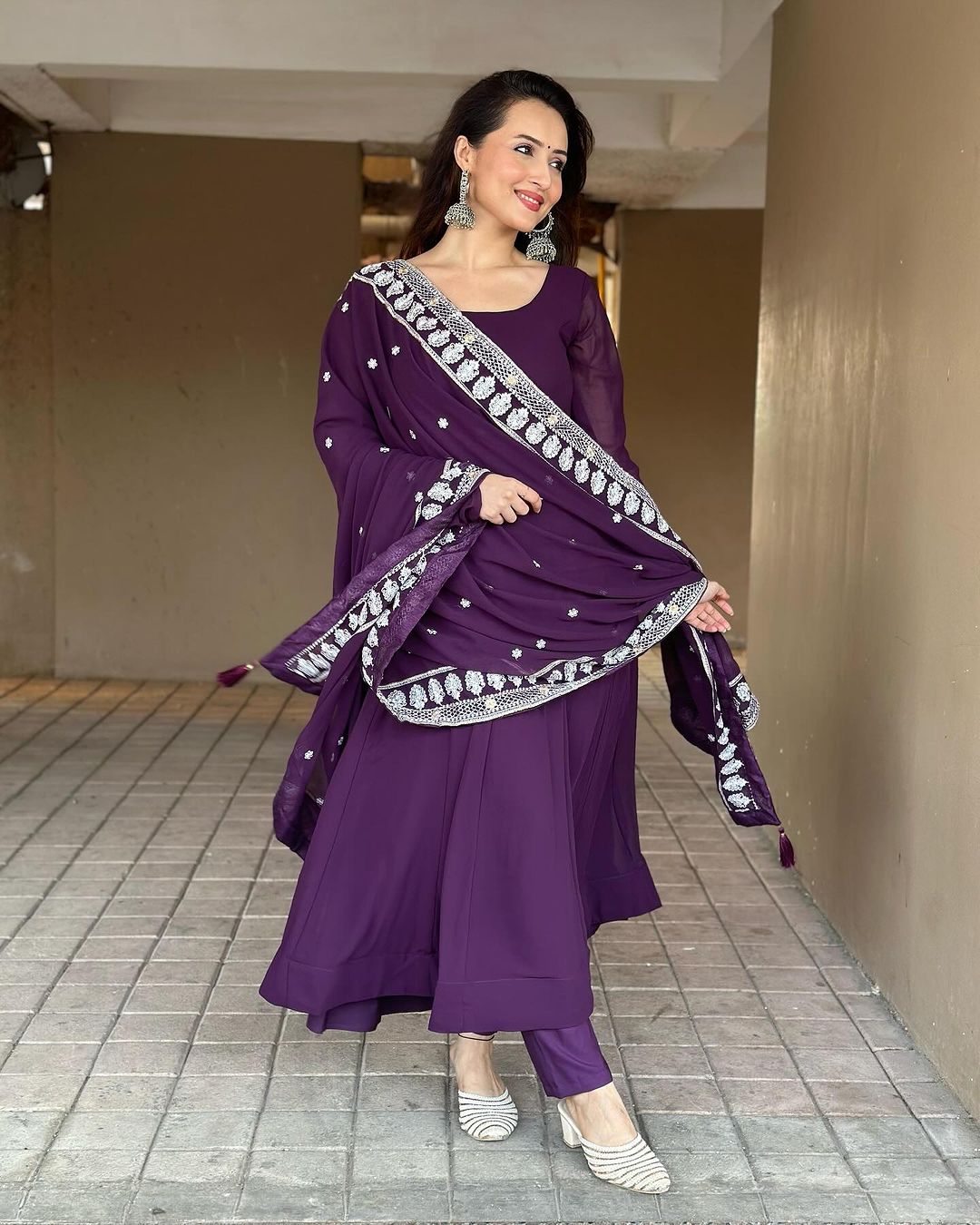 Varsha Rekhate in Wine Purple Colour Anarkali Three Piece Suit