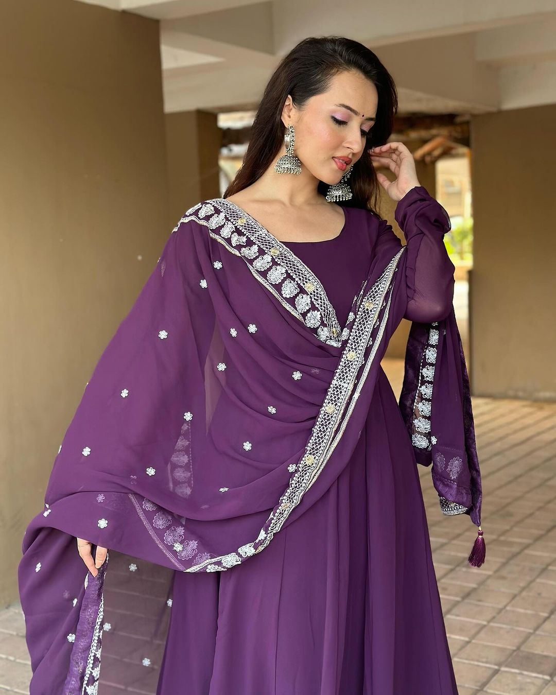 Varsha Rekhate in Wine Purple Colour Anarkali Three Piece Suit