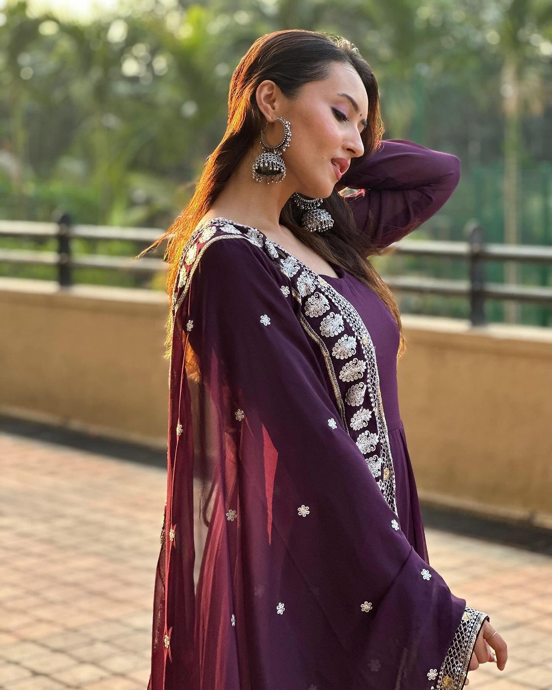 Varsha Rekhate in Wine Purple Colour Anarkali Three Piece Suit