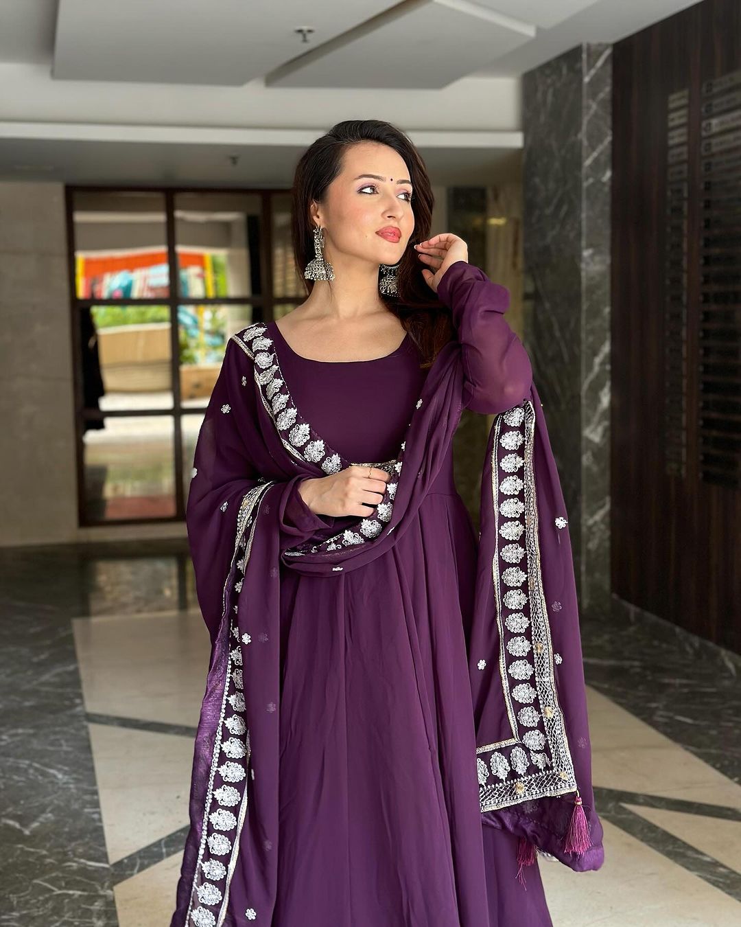Varsha Rekhate in Wine Purple Colour Anarkali Three Piece Suit