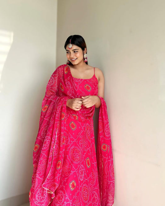Kanak Mishra In Floral Pink Color Soft Chiffon Three Piece Anarkali Gown