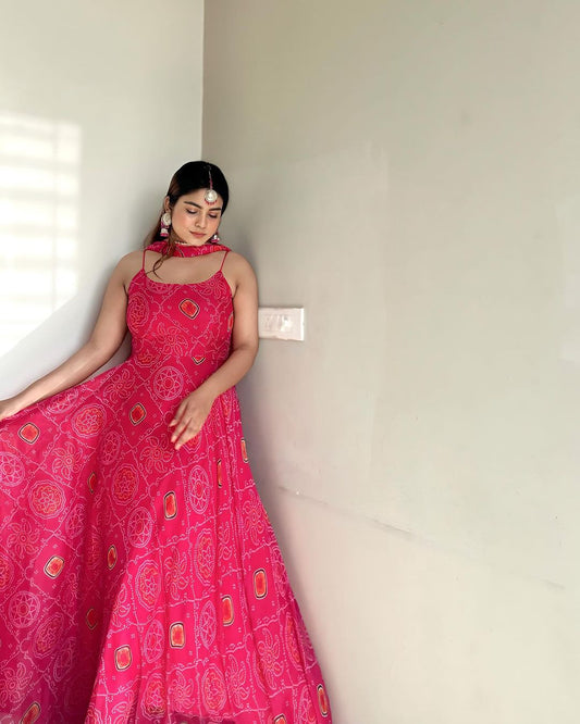 Kanak Mishra In Floral Pink Color Soft Chiffon Three Piece Anarkali Gown