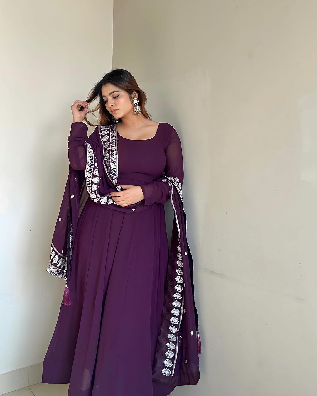 Kanak Mishra Wine Purple Color Three Piece Soft Georgette Anarkali  Suit