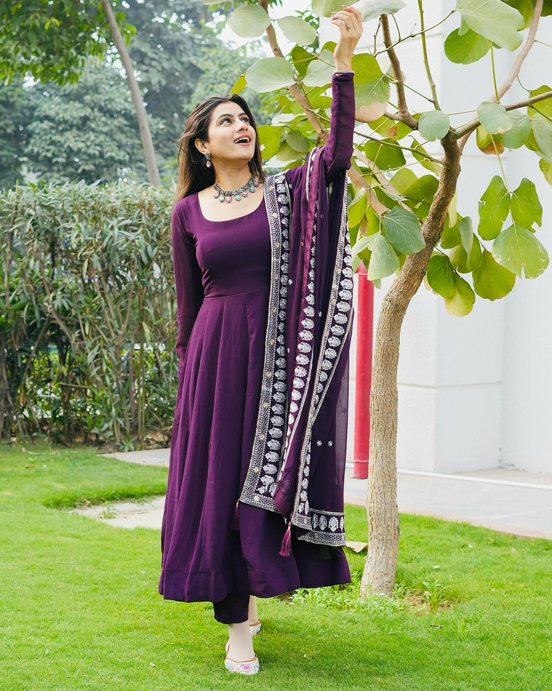 Diksha Mohanpawar Georgette Wine Purple Colour Three Piece Anarkali Suit