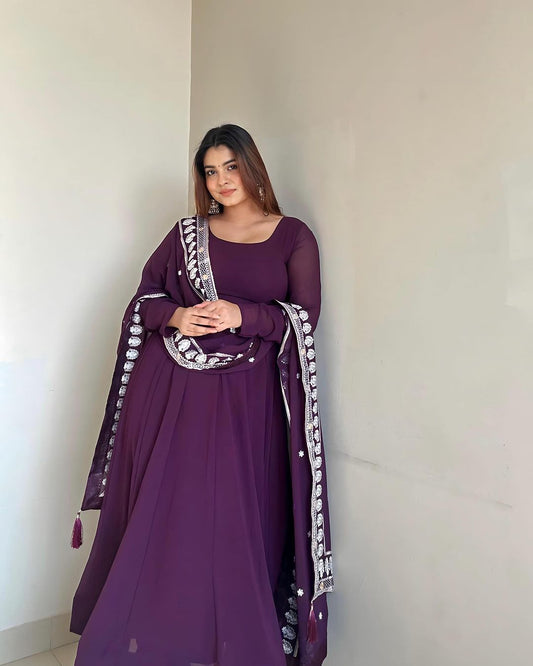 Kanak Mishra Wine Purple Color Three Piece Soft Georgette Anarkali  Suit
