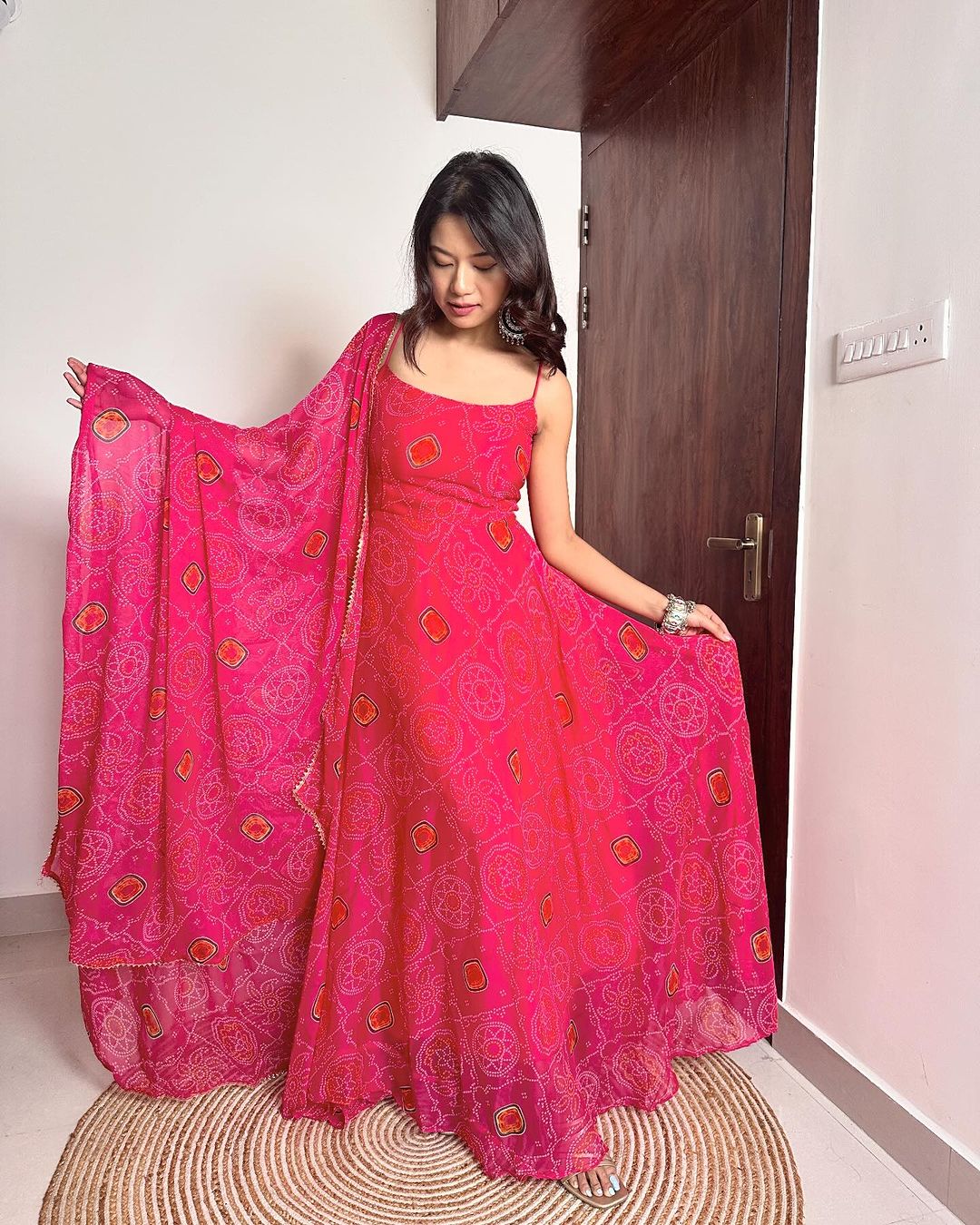 Pink Color Amazing Bandhani Print Soft Chiffon Three Piece Anarkali Gown