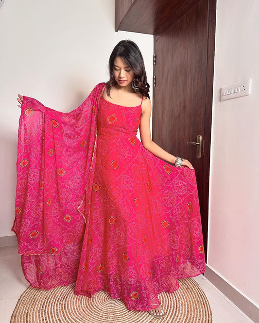 Pink Color Amazing Bandhani Print Soft Chiffon Three Piece Anarkali Gown