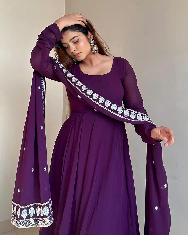 Kanak Mishra Wine Purple Color Three Piece Soft Georgette Anarkali  Suit