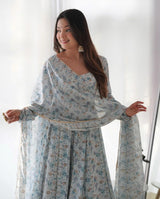 White Heavy Chiffon Floral Print With Fully Flair Three Piece Anarkali Suit