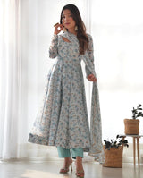White Heavy Chiffon Floral Print With Fully Flair Three Piece Anarkali Suit