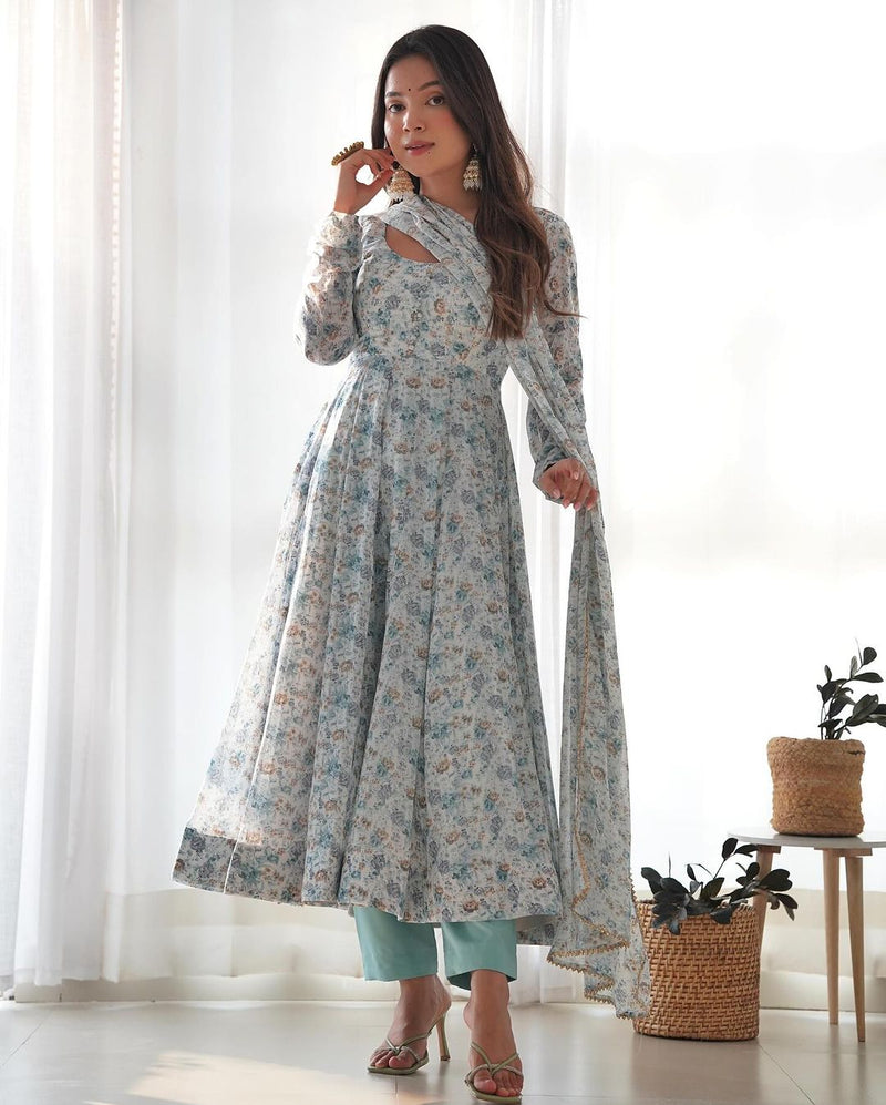 White Heavy Chiffon Floral Print With Fully Flair Three Piece Anarkali Suit
