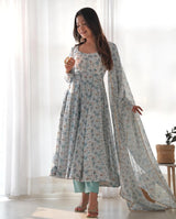 White Heavy Chiffon Floral Print With Fully Flair Three Piece Anarkali Suit