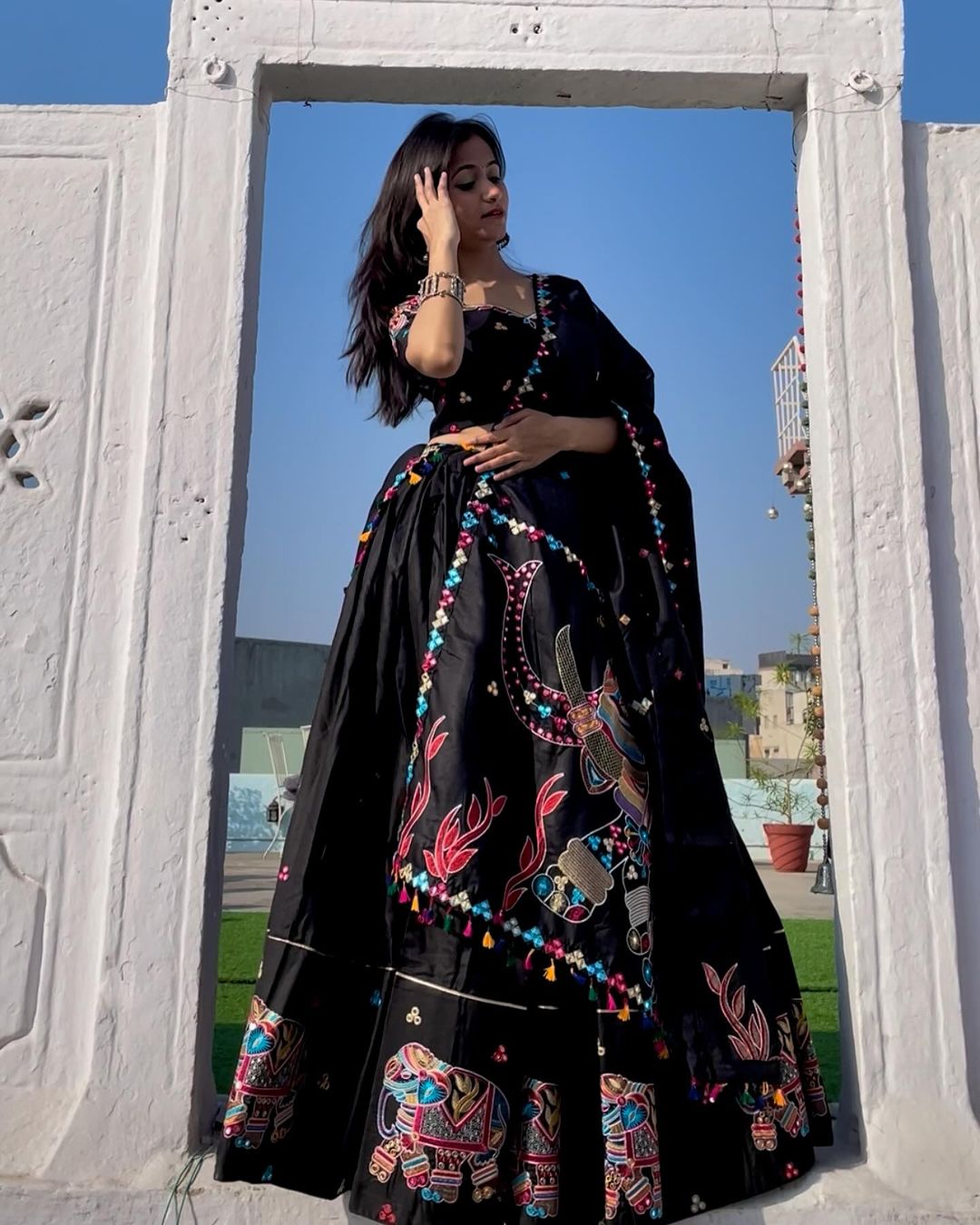 Ishuka.a In Black Colour Navratri Elephant Style Pure Cotton Lehenga Choli