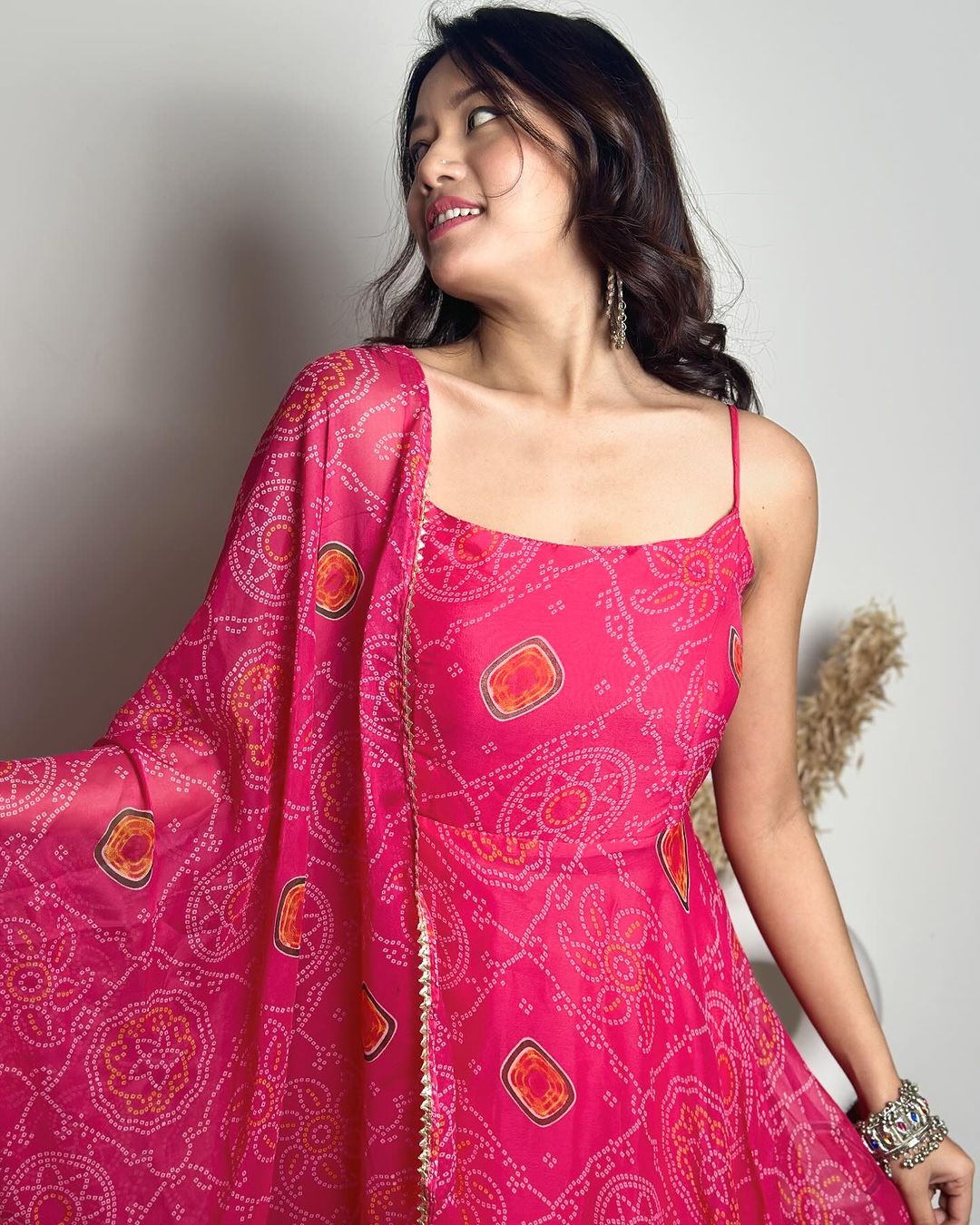 Pink Color Amazing Bandhani Print Soft Chiffon Three Piece Anarkali Gown