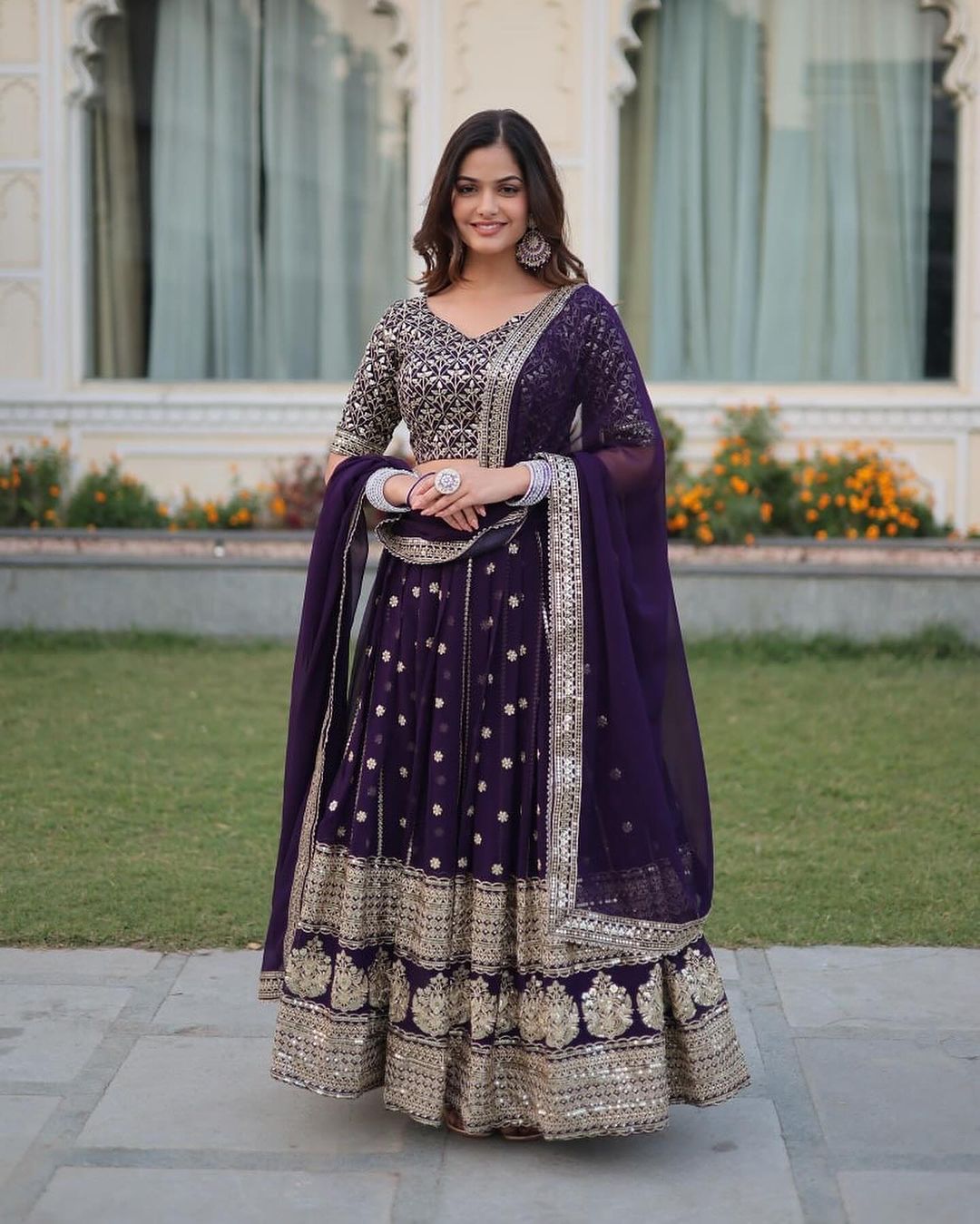Dark Purple Blooming Soft Georgette Heavy Embroidery Semi Stitched Lehenga Choli