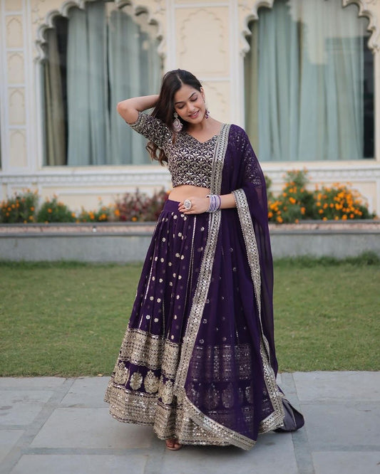 Dark Purple Blooming Soft Georgette Heavy Embroidery Semi Stitched Lehenga Choli