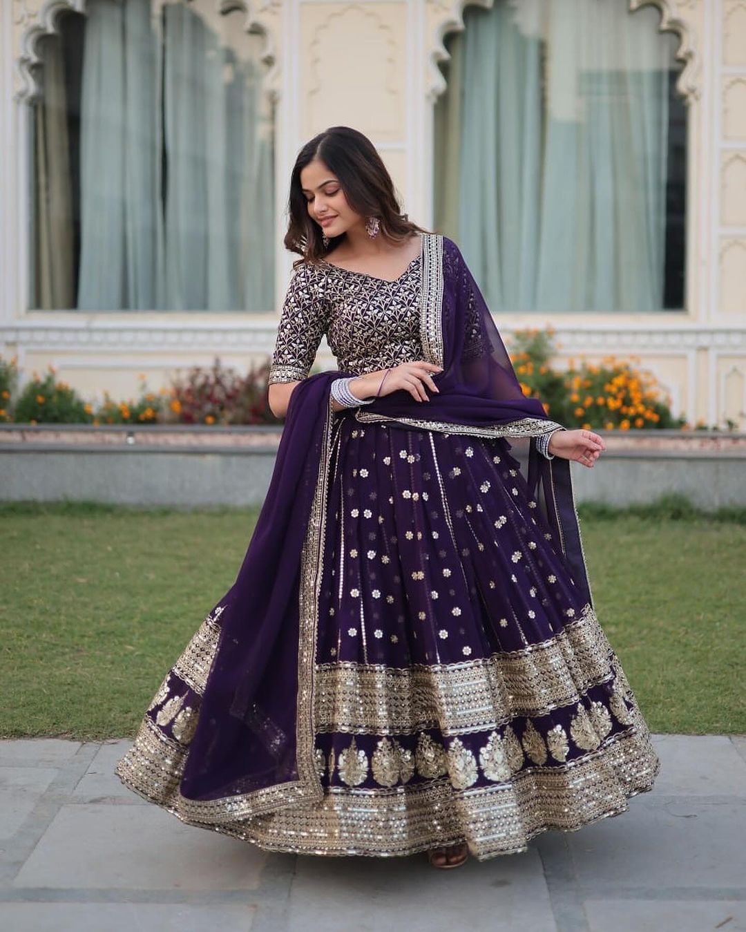 Dark Purple Blooming Soft Georgette Heavy Embroidery Semi Stitched Lehenga Choli
