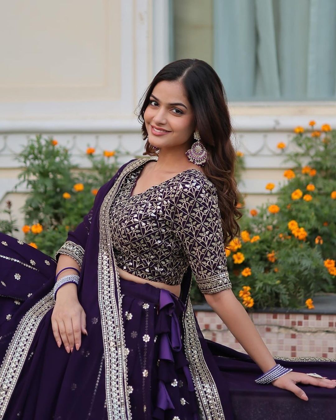 Dark Purple Blooming Soft Georgette Heavy Embroidery Semi Stitched Lehenga Choli