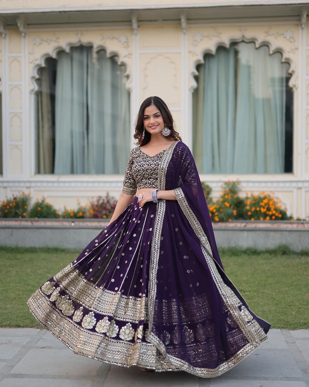 Dark Purple Blooming Soft Georgette Heavy Embroidery Semi Stitched Lehenga Choli