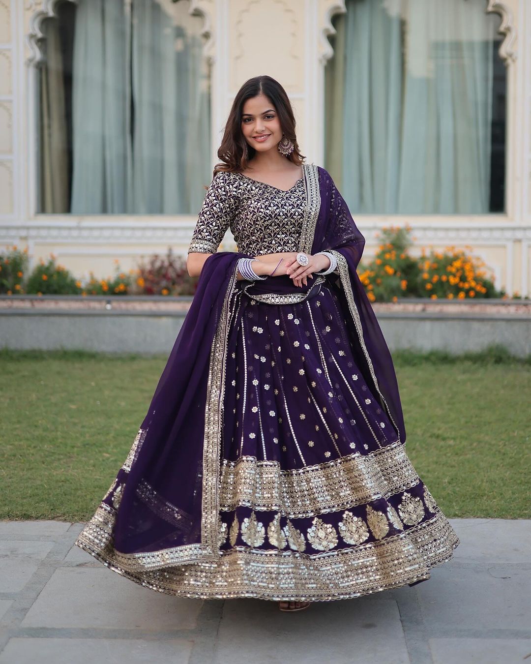 Dark Purple Blooming Soft Georgette Heavy Embroidery Semi Stitched Lehenga Choli