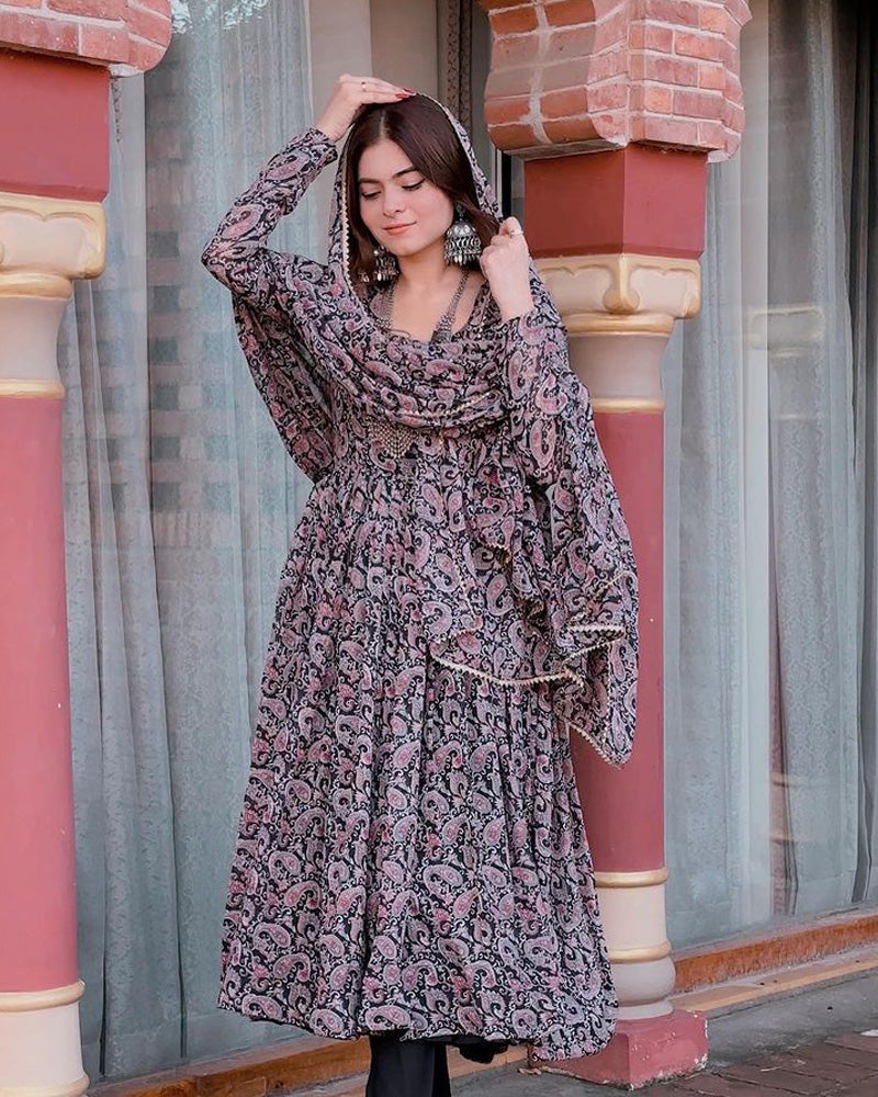 Kajal & Shilpa Chaudhary Sister Black Colour Anarkali Three Piece Suit