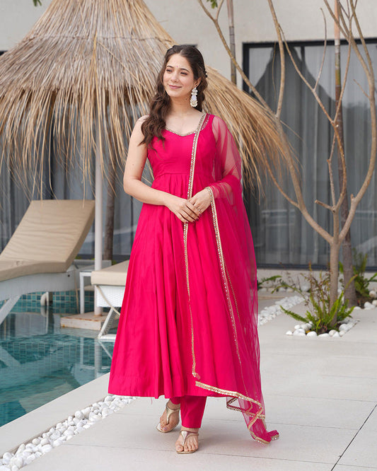 Vibrant Pink Roman Silk Anarkali Suit Set with Dupatta & Pants