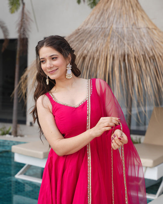 Vibrant Pink Roman Silk Anarkali Suit Set with Dupatta & Pants