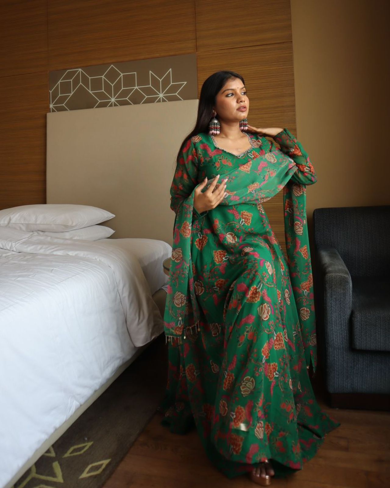 Jeetu Sri Yadav in Green Colour Printe Floor Length Two Piece Anarkali Suit