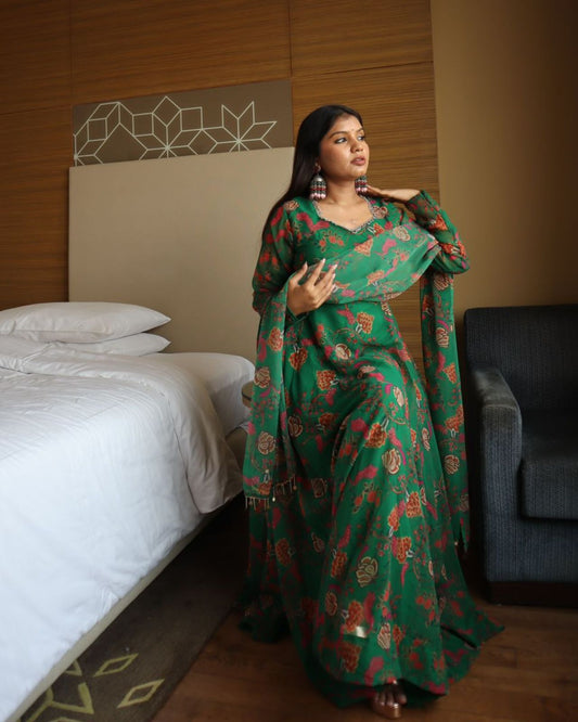 Jeetu Sri Yadav in Green Colour Printe Floor Length Two Piece Anarkali Suit