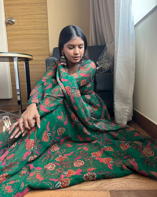 Jeetu Sri Yadav in Green Colour Printe Floor Length Two Piece Anarkali Suit