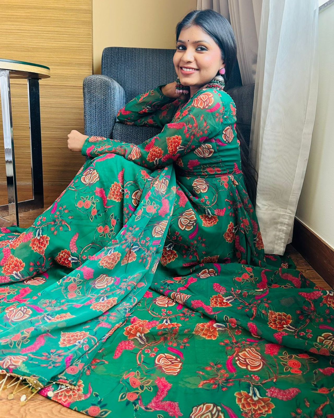 Jeetu Sri Yadav in Green Colour Printe Floor Length Two Piece Anarkali Suit