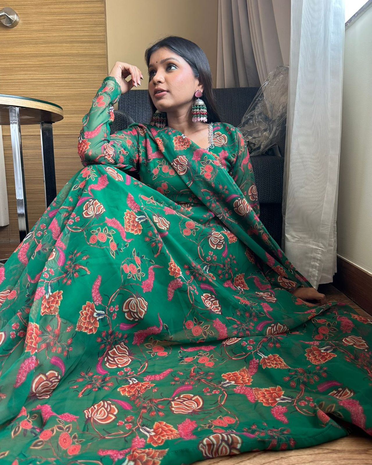 Jeetu Sri Yadav in Green Colour Printe Floor Length Two Piece Anarkali Suit