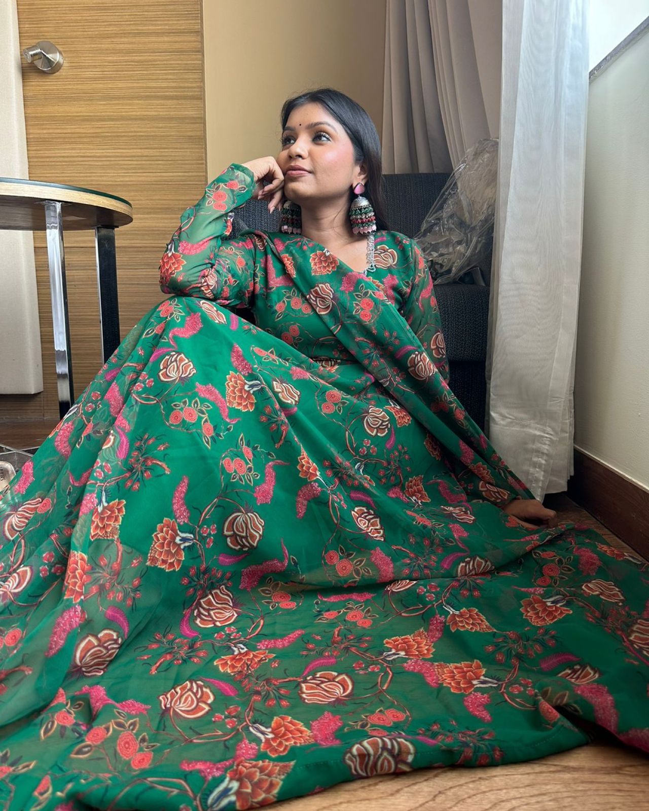 Jeetu Sri Yadav in Green Colour Printe Floor Length Two Piece Anarkali Suit