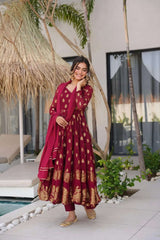 Maroon Anarkali Suit with Golden Zari Work & Dupatta – Festive Ethnic Wear