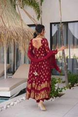 Maroon Anarkali Suit with Golden Zari Work & Dupatta – Festive Ethnic Wear