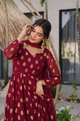 Maroon Anarkali Suit with Golden Zari Work & Dupatta – Festive Ethnic Wear