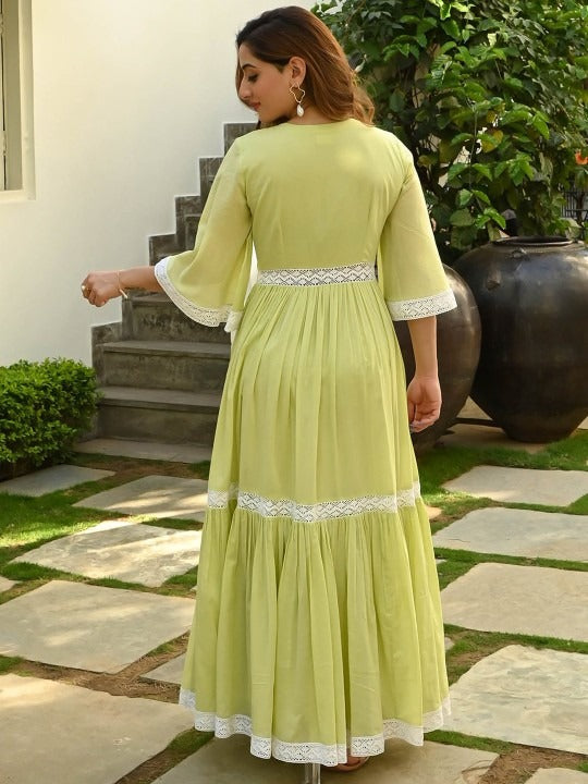 Cotton Lace Insert Tiered Ethnic Dresses