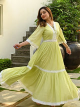 Cotton Lace Insert Tiered Ethnic Dresses