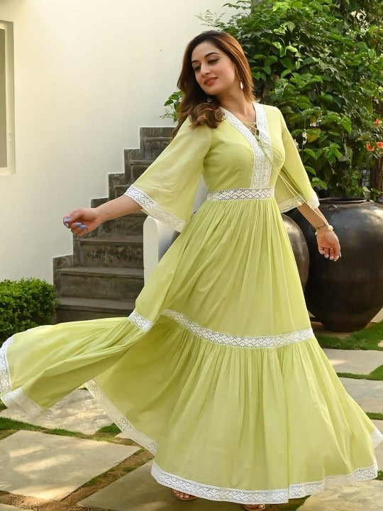 Cotton Lace Insert Tiered Ethnic Dresses