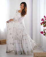 Premium Star Georgette Kurta Sharara – White Thread & Sequins Work for Occasions