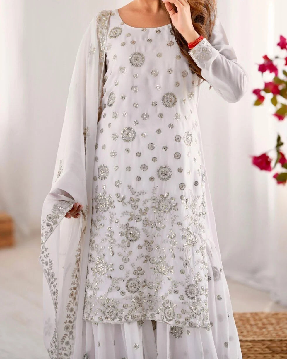 Premium Star Georgette Kurta Sharara – White Thread & Sequins Work for Occasions