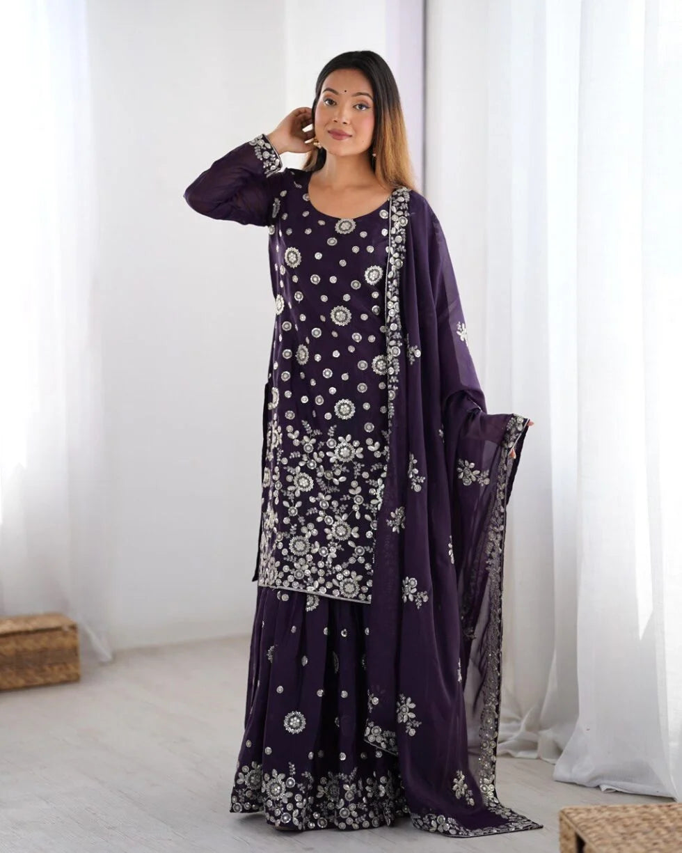 Premium Star Georgette Kurta Sharara – Wine Thread & Sequins Work for Occasions