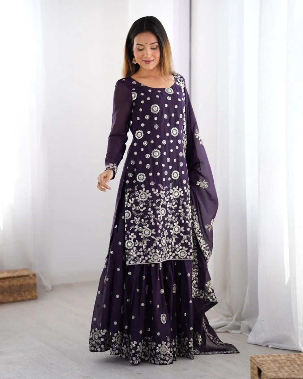 Premium Star Georgette Kurta Sharara – Wine Thread & Sequins Work for Occasions