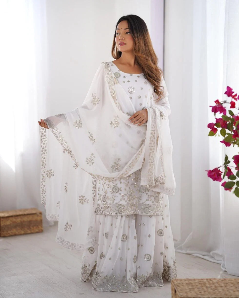 Premium Star Georgette Kurta Sharara – White Thread & Sequins Work for Occasions